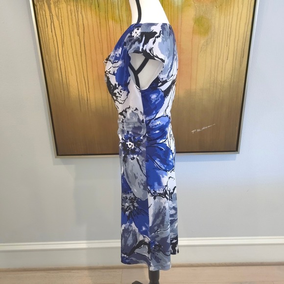 Ronni Nicole Floral Sheath Dress Size 6 Cowl Neck Blue White Black Sleeveless - Picture 4 of 14